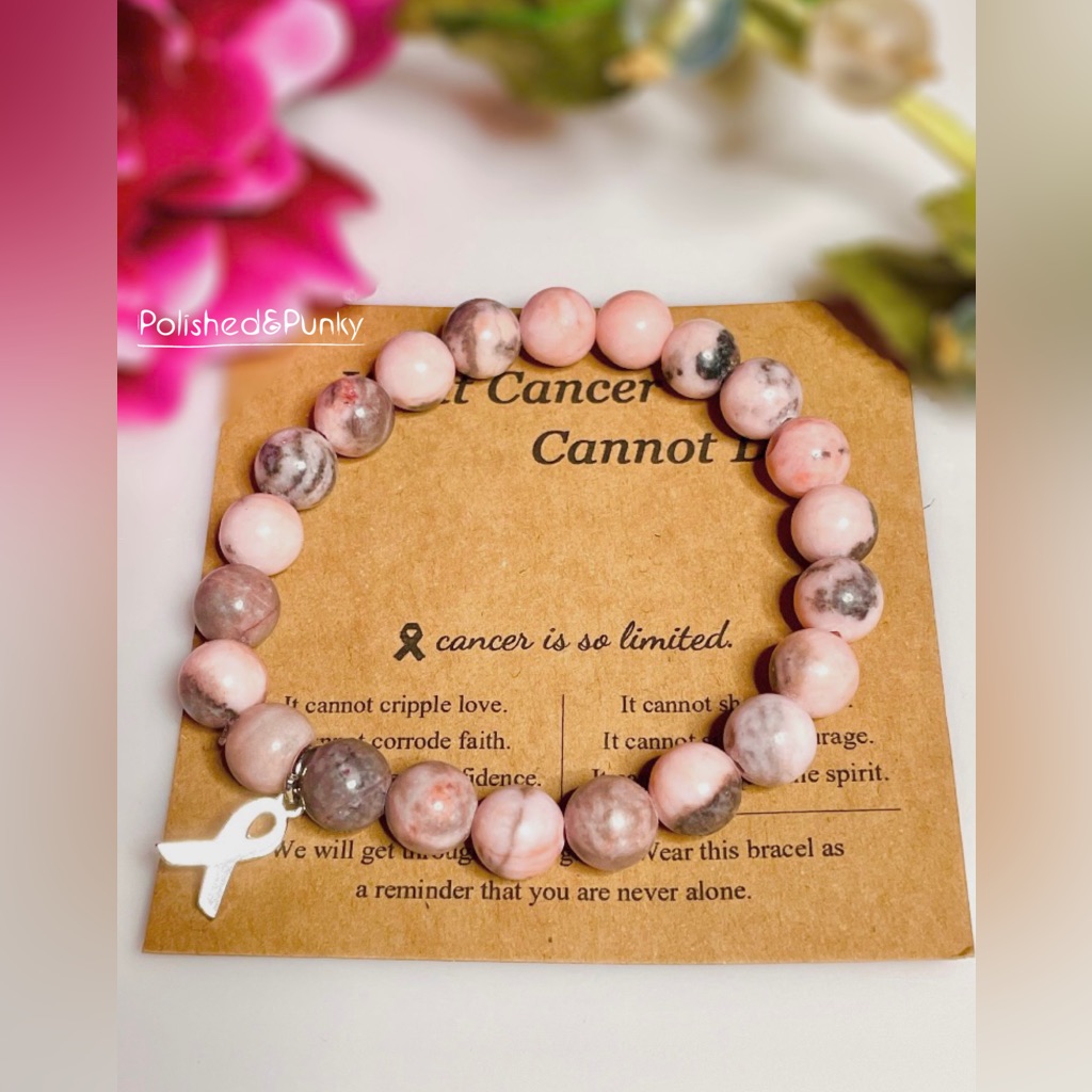 Breast Cancer Bracelet Pink Agate Stone Beaded Bracelet With Gift Box